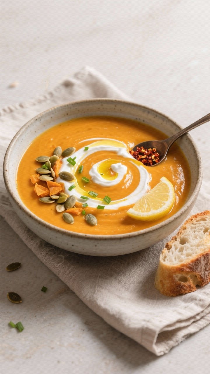 Tasty top view: Overhead shot of silky roasted butternut squash soup blended smooth, served in a wid