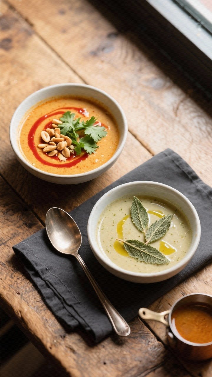 Tasty top view: Overhead shot of two bowls of the finished soup with contrasting garnishes—one Tha