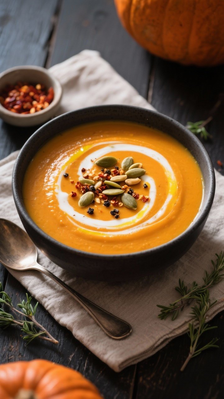 Tasty top view — silky blend with swirl and crunch: Overhead shot of ultra-smooth butternut squash
