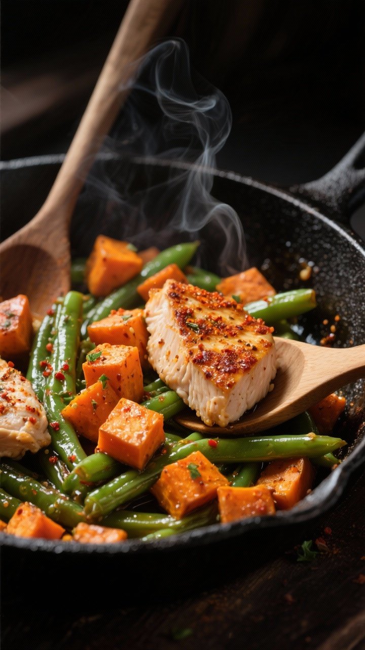 45-degree action shot of Cajun chicken, sweet potato & green bean skillet: seared cubes of boneless skinless chicken breast dusted with Cajun seasoning, caramelized orange sweet potato dice, and tender-crisp green beans glistening with olive oil. Visible specks of paprika and herbs, a wooden spoon resting in a black skillet, wisps of steam, moody side lighting to emphasize spice and char.