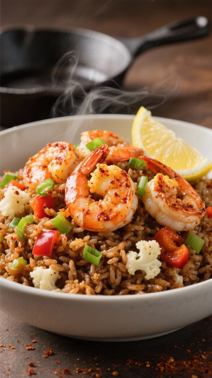 45-degree action shot of Cajun Shrimp And Dirty Rice Veggie Bowl: plump shrimp coated in Cajun seasoning sizzling with a light butter glaze, arranged over a hearty mound of brown rice mixed with riced cauliflower, diced bell pepper, and aromatics. Garnish with scallions and a lemon wedge; a light sprinkle of extra Cajun spice visible on shrimp. Slight motion blur of steam, cast-iron skillet off to the side; rich, warm tones emphasizing spice and sear.