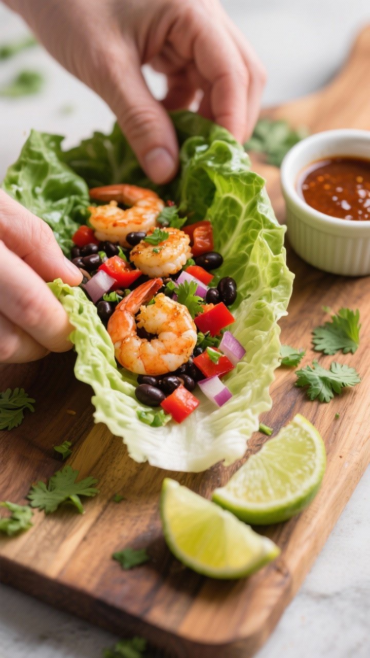 45-degree action shot of chipotle-lime shrimp lettuce wraps being assembled (no hands visible): large Romaine leaves cradling cooked shrimp, black beans, finely diced red bell pepper, red onion, and chopped cilantro; lime wedges and a small ramekin of chipotle-lime sauce in frame; vibrant, crunchy look on a wooden board with scattered cilantro leaves.