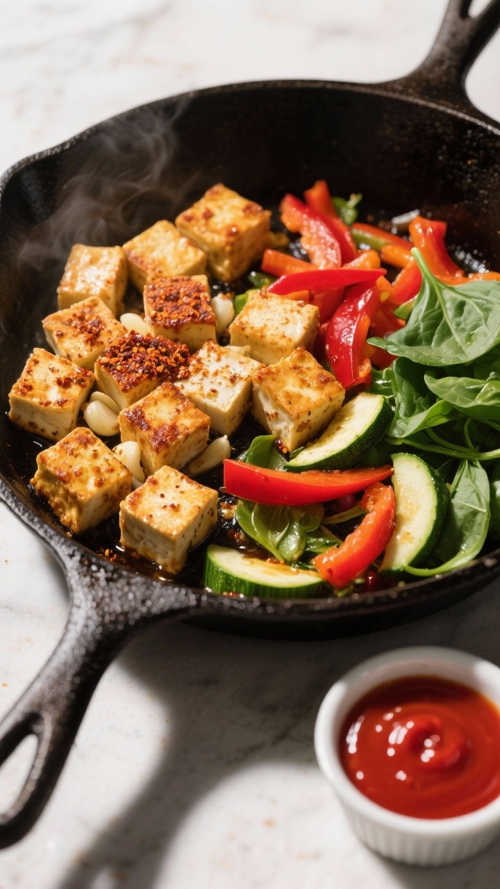 45-degree action-style skillet shot of spicy tofu and veggie breakfast bowl components: golden-crisp tofu cubes dusted with cornstarch, garlic powder, smoked paprika, and a splash of soy sauce, searing in a lightly oiled cast-iron pan; colorful veggie mix (red bell pepper strips, zucchini half-moons, and baby spinach) sautéing alongside; a small ramekin of Sriracha yogurt off to the side, vivid reds and greens popping, high-contrast light to emphasize crisp edges.