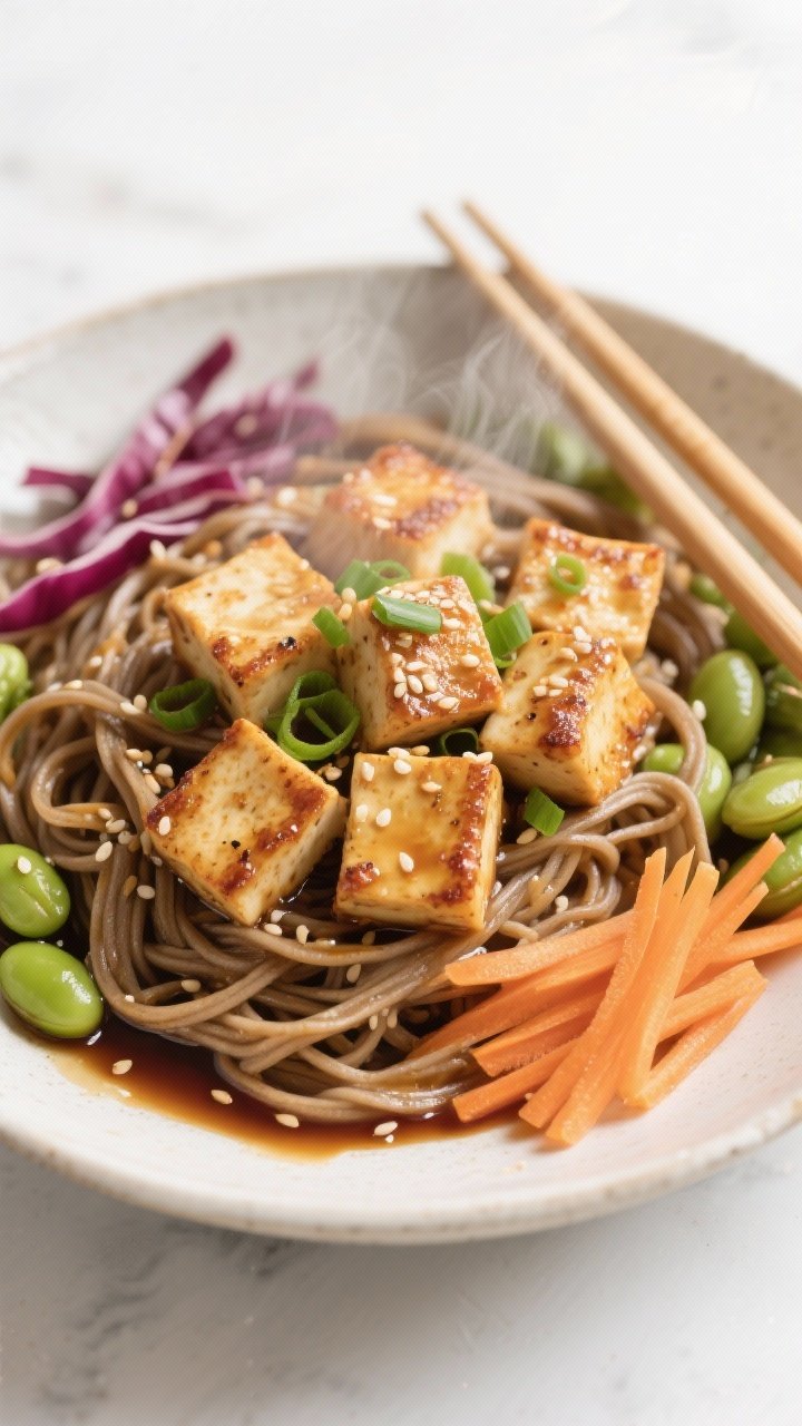 45-degree angle action shot of Miso-Ginger Tofu Power Noodles: extra-firm tofu cubes tossed in cornstarch then pan-seared in sesame oil until crisp, served over soba noodles with edamame, julienned carrot, and ribbons of red cabbage; glossy miso-ginger dressing pooling lightly at the bottom of a shallow bowl; sesame seeds and scallions scattered on top; chopsticks resting on the rim; clean, bright backdrop with subtle steam.