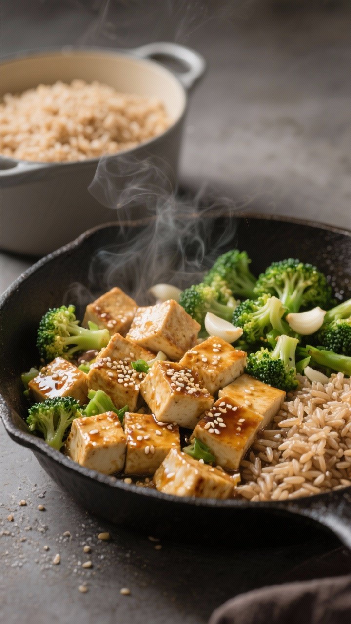 45-degree angle action shot of Sesame-Ginger Tofu with Garlicky Broccoli and Brown Rice: extra-firm tofu cubes dusted with cornstarch sizzling in a skillet, developing a golden crisp; vibrant broccoli florets tossed with minced garlic nearby; a pot of steaming brown rice in the background. Neutral props, subtle steam, glossy sesame-ginger glaze on tofu, moody light to highlight texture.