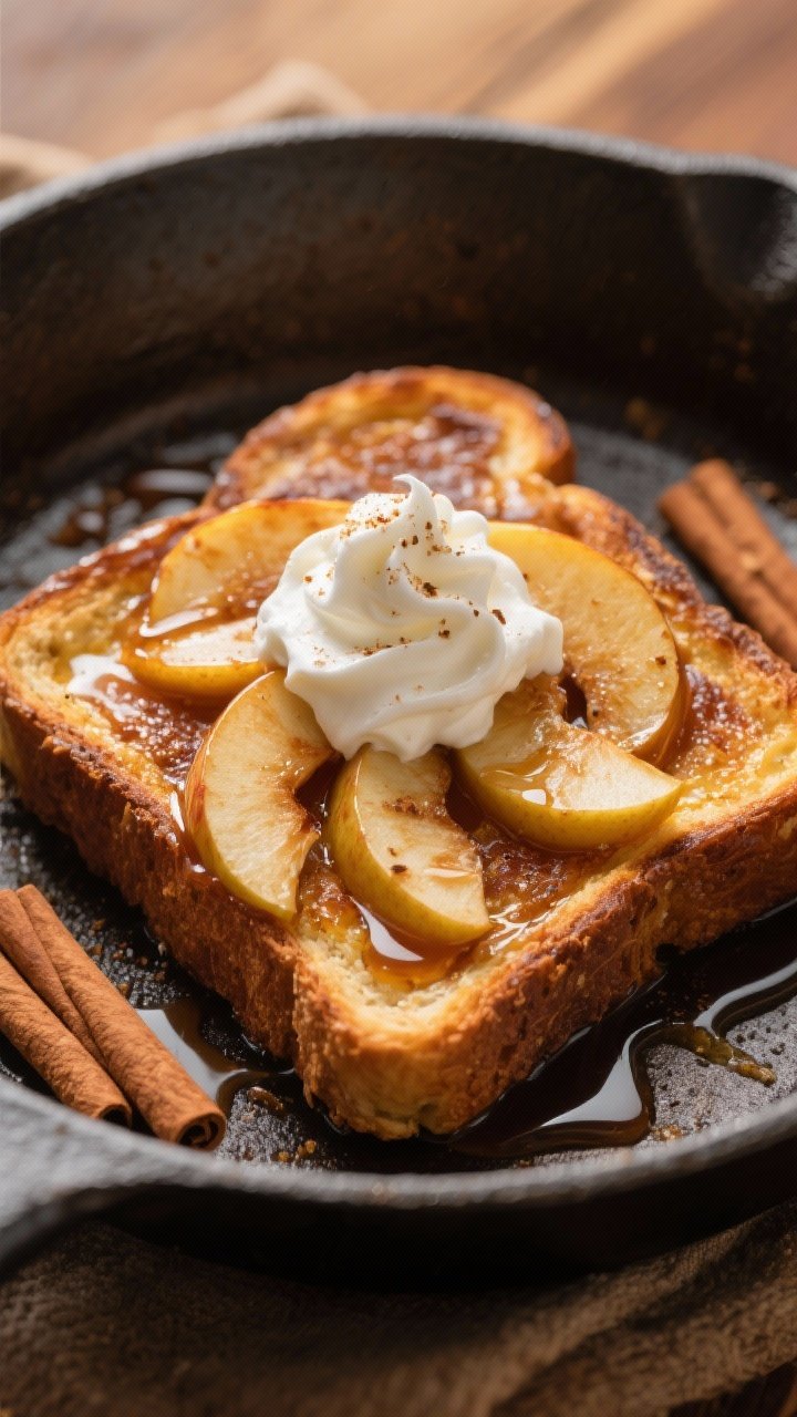 45-degree angle action-style plating of caramelized apple protein French toast: thick slices of whole-grain bread soaked in an egg, egg white, milk, vanilla, and cinnamon custard, griddled to a burnished brown. Topped with glossy caramelized apple slices (golden edges, cinnamon specks) and a cloud-like Greek yogurt whip dolloped on top, finished with a light drizzle of syrup and a sprinkle of cinnamon. Cast-iron skillet with residual caramelized sugars in background. Warm, autumnal tones, appetizing shine, no people.