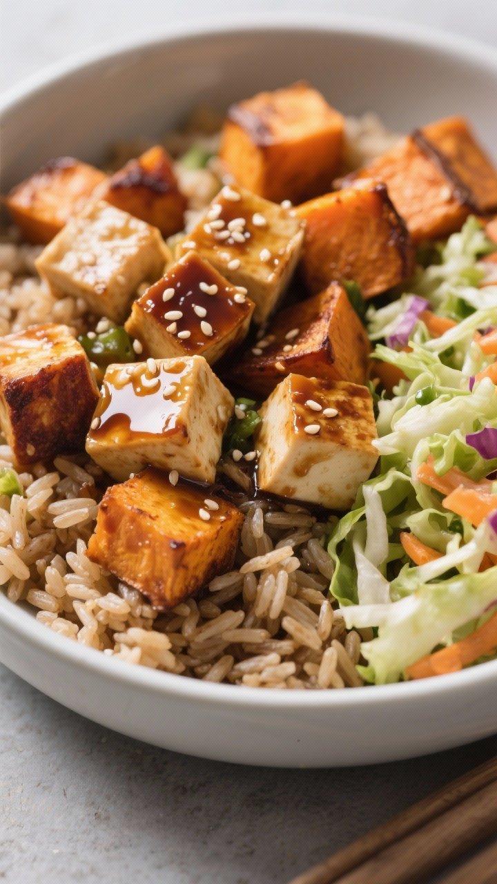 45-degree angle bowl composition: maple-Dijon glazed tofu cubes (extra-firm, pressed and roasted to crisp edges) over a base of cooked brown rice, partnered with caramelized roasted sweet potato cubes; a vibrant crunchy slaw on the side, all lightly glossed with olive oil; balanced warm and cool tones, sesame seeds sprinkled, neat lines and clean ceramics emphasize a modern plant-forward meal prep.