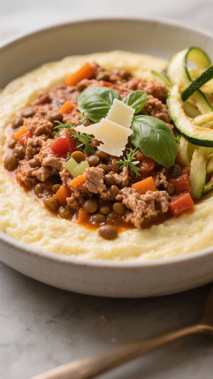 45-degree angle bowl of lentil-turkey bolognese: rich sauce made with lean ground turkey, olive oil, finely diced onion, carrot, celery, minced garlic, dried oregano, fennel seed, crushed tomatoes, and brown lentils, simmered until thick. Served over creamy Parmesan polenta with a side of sautéed zucchini ribbons. Garnished with basil and shaved Parmesan, warm tones, Italian comfort feel, shallow depth of field highlighting the sauce texture.