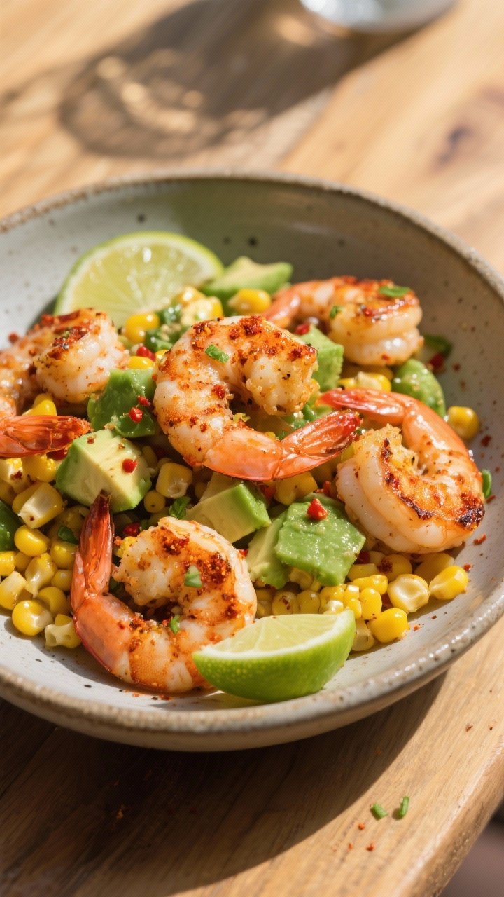 45-degree angle bowl presentation of chili-lime shrimp with corn and avocado: plump shrimp dusted with chili powder, seared until lightly charred, tossed with sweet corn kernels and crowned with chunky diced ripe avocado. Fresh lime zest and juice glistening on the shrimp, lime wedges tucked in, a faint chili sprinkle over the avocado. Matte stoneware bowl on a sunlit wooden table, vibrant, summery colors.