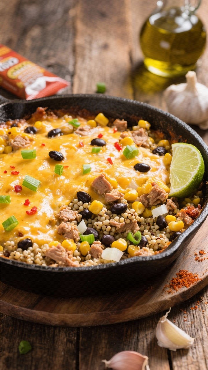 45-degree angle casserole shot of a bubbly turkey taco quinoa bake in a cast-iron skillet, cheddar melted and lightly browned on top, studded with sweet corn, black beans, and red flecks from taco seasoning; visible ground turkey crumbles, quinoa pearls, and diced onion; garnished with sliced green onion and a lime wedge on the side; rustic wooden table with the olive oil bottle, garlic cloves, and taco seasoning packet in frame; vibrant, family-style comfort mood.