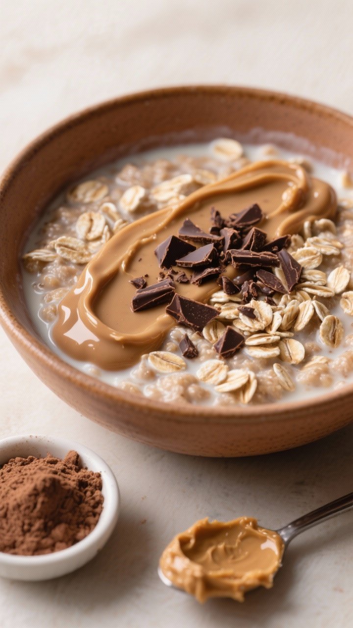 45-degree angle close-up of creamy peanut butter cup protein oats in a warm ceramic bowl: old-fashioned rolled oats cooked in milk, stirred with chocolate protein powder for a cocoa hue, ribboned with natural peanut butter melting on top, finished with a sprinkle of cocoa nibs and a few dark chocolate shavings. Spoon trail visible to show thick texture; a small dish of protein powder and a spoonful of peanut butter in frame. Soft diffused light, cozy candy-bar vibe, shallow depth of field, no people.
