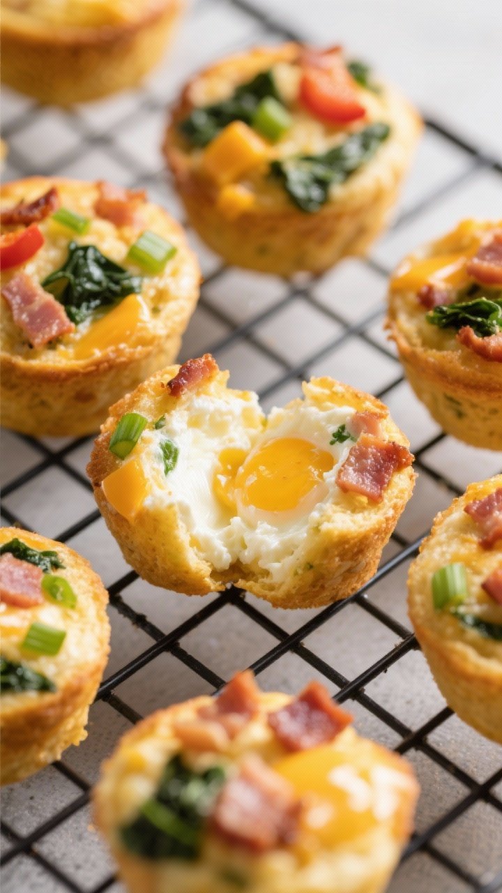 45-degree angle close-up of savory cottage cheese egg bites: golden, puffed egg muffins studded with chopped turkey bacon, finely chopped spinach, bell pepper, green onion, and melted cheddar/Swiss; arranged on a cooling rack with one egg bite split open to show the creamy cottage cheese interior; minimal, high-contrast lighting for appetizing texture, no people, just delicious bite-sized protein.