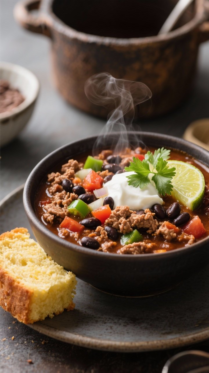 45-degree angle hearty Turkey and Bean Chili With Cocoa and Lime: deep bowl of thick chili featuring lean ground turkey, diced tomatoes and crushed tomatoes, kidney/black beans, green bell pepper and onion; dark richness from cocoa, garnished with lime wedges, cilantro, and a dollop of Greek yogurt; cornbread on the side, gentle steam rising, rustic pot in the background, cozy, robust colors.