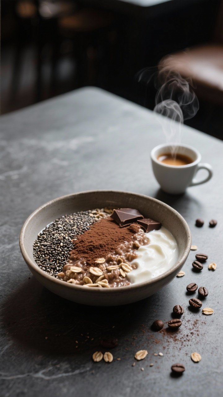 45-degree angle ingredient-to-finish scene for Mocha Espresso Oats: a shallow bowl of mocha-chocolate overnight oats made from rolled oats, cooled strong brewed coffee, milk, Greek yogurt, chocolate/mocha protein, and chia seeds; cocoa dusting on top, coffee beans scattered, and a small espresso cup nearby; subtle steam from the espresso, moody café lighting, matte slate surface for contrast.