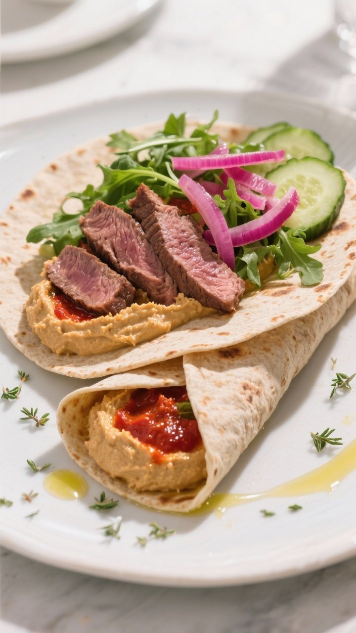 45-degree angle Mediterranean platter presentation of a Steak and Hummus Wrap: whole-wheat tortilla layered with a generous swoosh of classic or roasted red pepper hummus, thinly sliced cooked flank steak or sirloin fanned on top, mixed greens or arugula, and crisp cucumber slices; vivid pickled onions adding a magenta pop; wrap partially rolled to show layers; olive oil gloss and scattered oregano for a coastal Mediterranean mood, clean daylight.