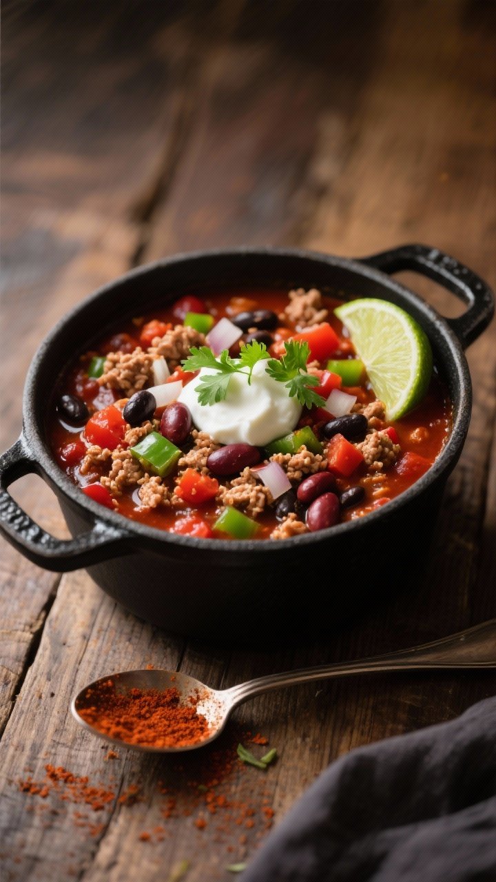 45-degree angle of a hearty smoky chipotle turkey chili in a matte black Dutch oven: lean ground turkey crumbles, red kidney and black beans, diced onion and green bell pepper, tomatoes, rich red chili base with visible chili powder, cumin, and a hint of chipotle; garnished with chopped cilantro, dollop of Greek yogurt, lime wedge on the side; warm, moody lighting with a wooden table and a spoon dusted lightly with paprika.