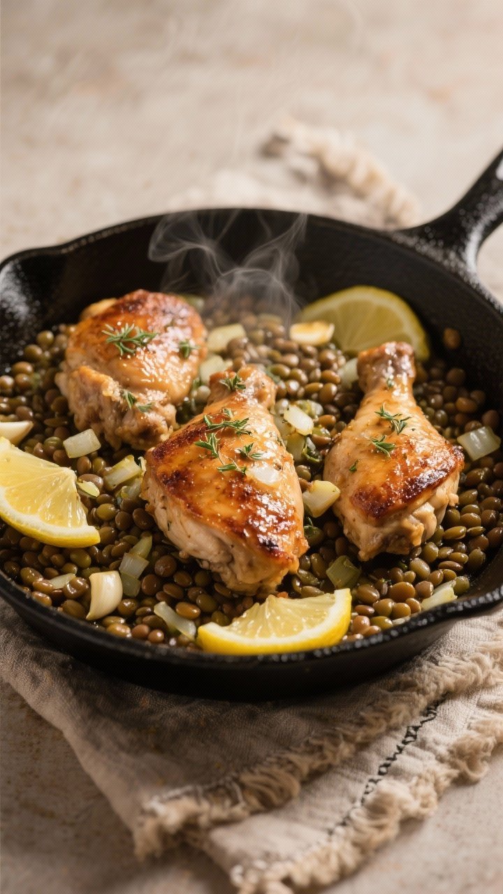 45-degree angle one-pan scene of Lemon Garlic Chicken & Lentils on a black enamel skillet: browned boneless skinless chicken thighs nestled in tender brown/green lentils with finely chopped onion, minced garlic, and dried oregano, glossy from olive oil; lemon slices tucked between pieces, steam gently rising, rustic linen underneath, warm tones evoking cozy takeout comfort.