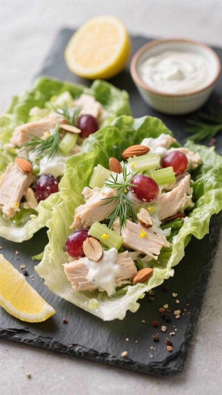 45-degree angle plated lettuce wraps: Greek yogurt chicken salad piled into crisp romaine leaves. Visible diced/shredded chicken breast bound with plain 2% Greek yogurt, a touch of light mayo, Dijon mustard, lemon juice and zest, finely minced garlic, celery crunch, red grapes for sweetness, and chopped almonds. Garnished with fresh dill and cracked pepper, presented on a slate board with lemon wedges and a small ramekin of extra dressing, clean and fresh, Mediterranean vibe.