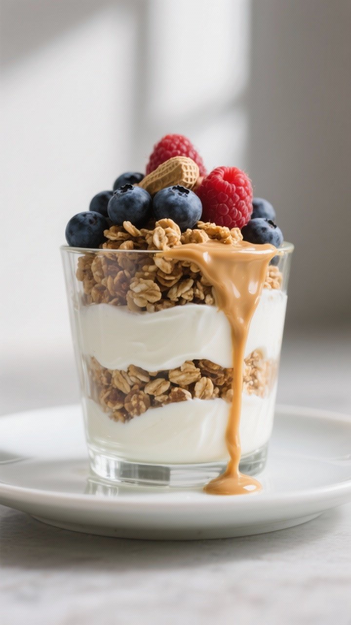 45-degree angle plated parfait in a clear glass showing distinct layers: plain 2% Greek yogurt, a ribbon of warmed natural peanut butter dripping down the side, high-protein granola clusters for crunch, and mixed berries (blueberries and raspberries) on top; a light drizzle of peanut butter over the berries; neutral backdrop, soft window light, crisp textures, no people.