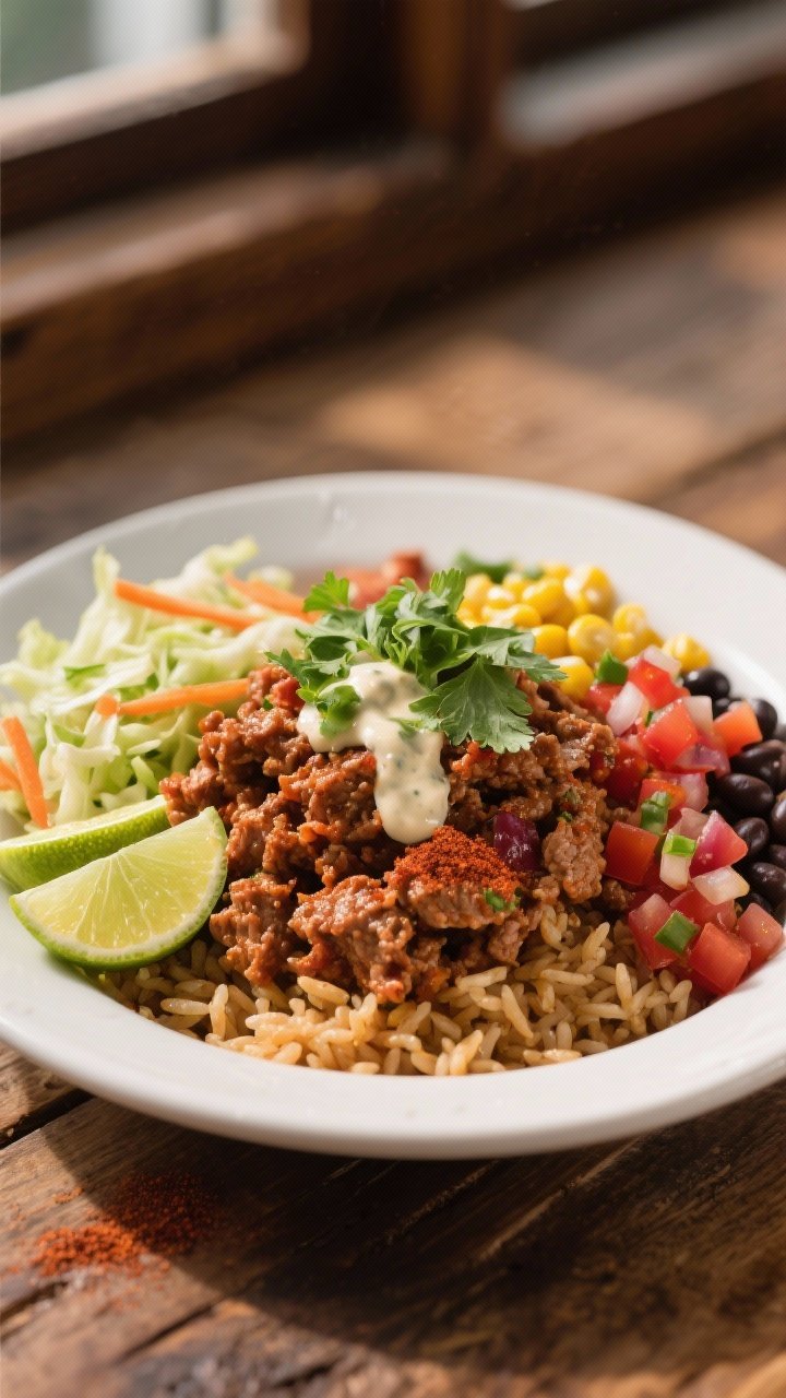 45-degree angle plated shot of a Chipotle Turkey Taco Bowl: juicy ground turkey sautéed with onion, garlic, tomato paste, chipotle chili powder, and cumin, piled over cilantro-lime brown rice, topped with crunchy slaw (shredded cabbage and carrots), sweet corn, black beans, and fresh pico de gallo; finished with a lime crema drizzle and lime wedges; warm Southwestern tones with smoky reds and greens; shallow depth of field, soft window light, rustic wooden table.