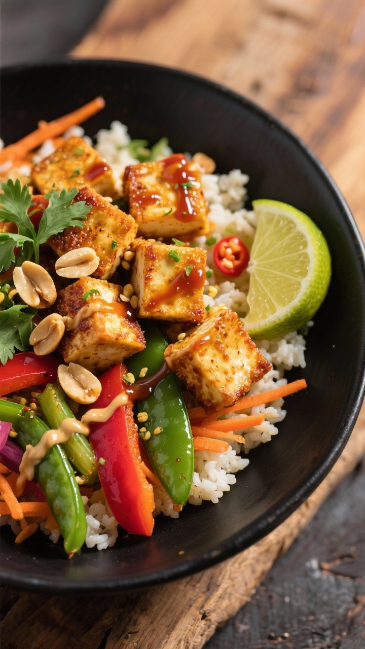 45-degree angle plated shot of a Spicy Tofu and Veggie Power Bowl: golden pan-crisped extra-firm tofu cubes tossed with tamari, chili-garlic sauce (or sriracha), lime zest and juice, lightly dusted with cornstarch for a crackly exterior. Bowl includes rainbow sautéed veggies (bell peppers, snap peas, shredded carrots), served over warm cauliflower rice. A glossy peanut-lime drizzle ribboned over the top, garnished with chopped peanuts, cilantro, and lime wedges. Vibrant, energetic styling on a matte black bowl over rustic wood.