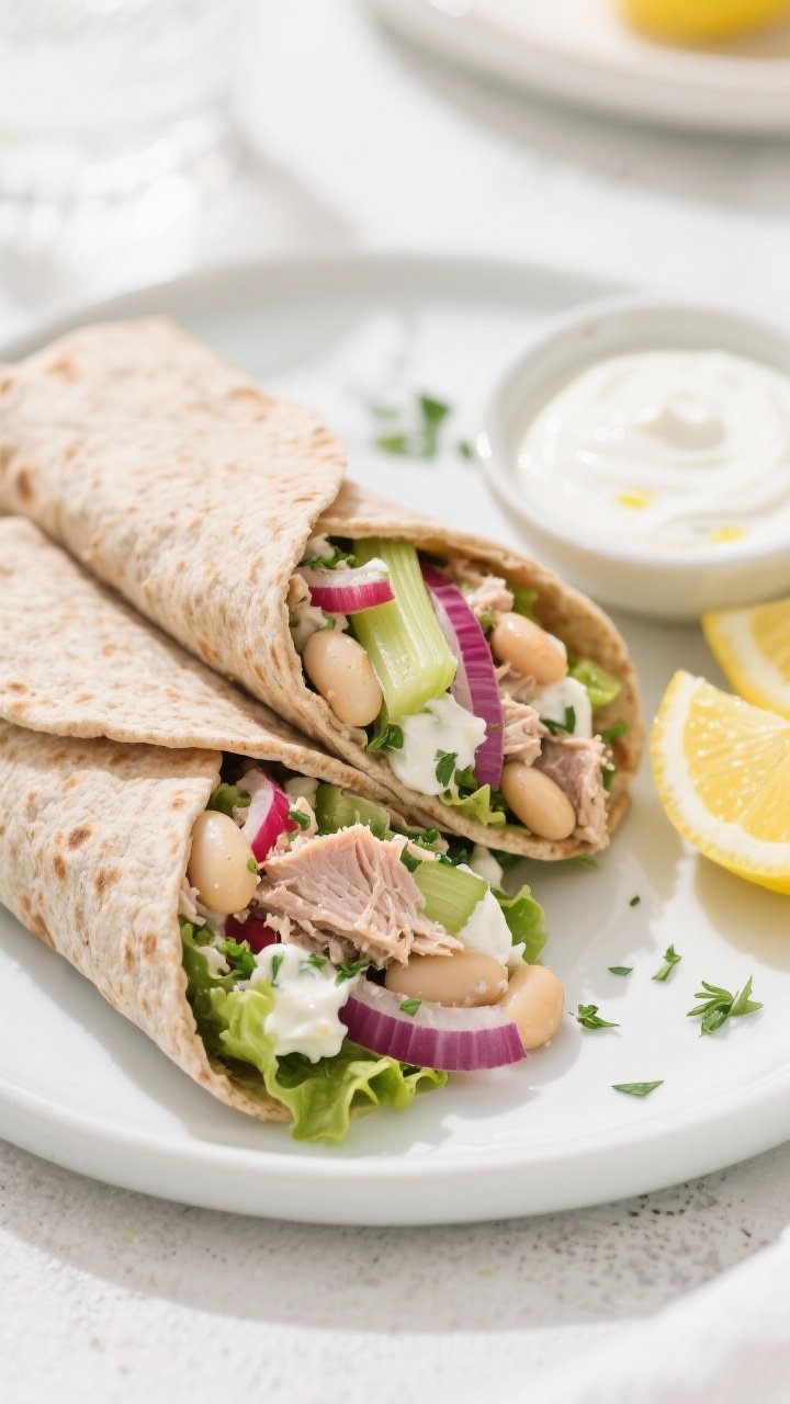 45-degree angle plated shot of Mediterranean Tuna & White Bean Crunch Salad Wraps: olive-oil tuna flaked with cannellini beans bound with Greek yogurt, extra-virgin olive oil, and fresh lemon juice, folded into whole-grain wraps with crunchy celery, red onion, chopped herbs, and crisp lettuce; cross-section slices showing creamy-bean texture and tuna flakes, with lemon wedges and a small bowl of extra yogurt-lemon sauce; clean, airy lunch vibe.