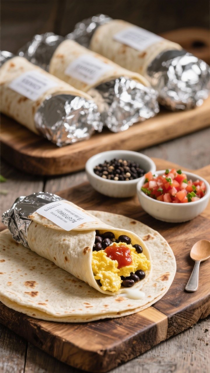 45-degree angle scene of a breakfast burrito freezer stash: tortillas stuffed with fluffy scrambled eggs (made with milk), black beans, and a spoon of salsa, some tightly wrapped in foil and labeled for freezing; one burrito cut open to reveal hearty filling; small bowls of pico de gallo and black pepper alongside; rustic wooden board, practical meal-prep mood.