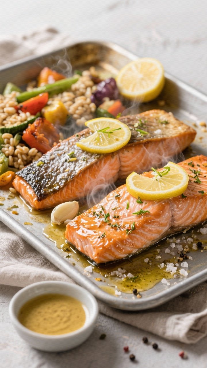 45-degree angle sheet-pan scene: skin-on salmon fillets brushed with Dijon-garlic-herb mixture (olive oil, minced garlic, dried Italian seasoning), topped with lemon zest and thin lemon slices, roasted beside mixed vegetables and farro; glistening edges on the salmon, steam rising, coarse sea salt flakes and cracked pepper visible; neutral linen and a small bowl of extra Dijon glaze in frame for a clean, modern look.