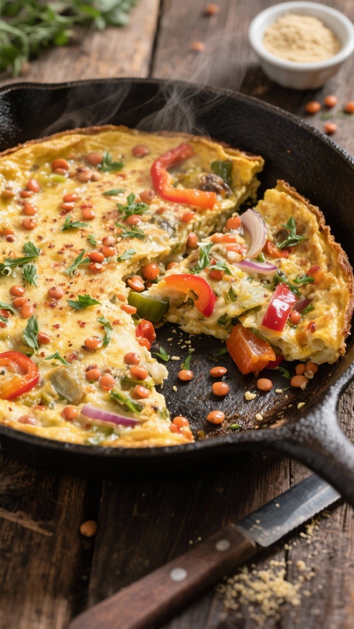 45-degree angle shot of a savory lentil veggie frittata just out of the oven: chickpea flour and soy milk batter set around tender red lentils, flecks of nutritional yeast, baking powder lift, and garlic powder seasoning; golden edges with a slight puff, sliced into wedges in a cast-iron skillet, steam visible; scattered sautéed vegetables peeking through (bell pepper and onion notes implied), topped with fresh herbs; rustic wooden table with a knife and a small ramekin of nutritional yeast.