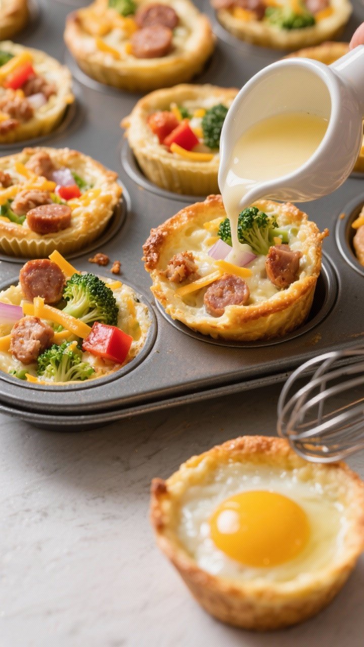 45-degree angle shot of baked egg and chicken sausage breakfast cups in a muffin tin: golden set tops with visible crumbles of chicken sausage, chopped broccoli florets, diced red bell pepper, onion, and flecks of shredded cheddar peeking through; a pour spout cup with whisked whole eggs and liquid egg whites nearby; one cup lifted out to show fluffy interior; warm, inviting light, minimal props.