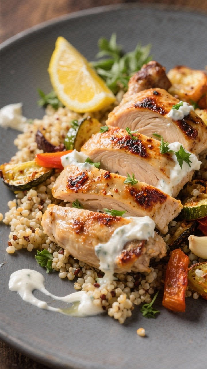 45-degree angle shot of Greek Yogurt Chicken Shawarma with Roasted Veggie Quinoa: marinated chicken thighs in a creamy Greek yogurt, lemon juice, garlic, cumin, coriander, and paprika mixture roasted to charred, juicy edges, sliced and piled atop fluffy quinoa with roasted vegetables; garnished with lemon wedges and fresh herbs; served on a matte gray plate with drips of tangy yogurt marinade pooling; warm Middle Eastern tones and soft directional light.