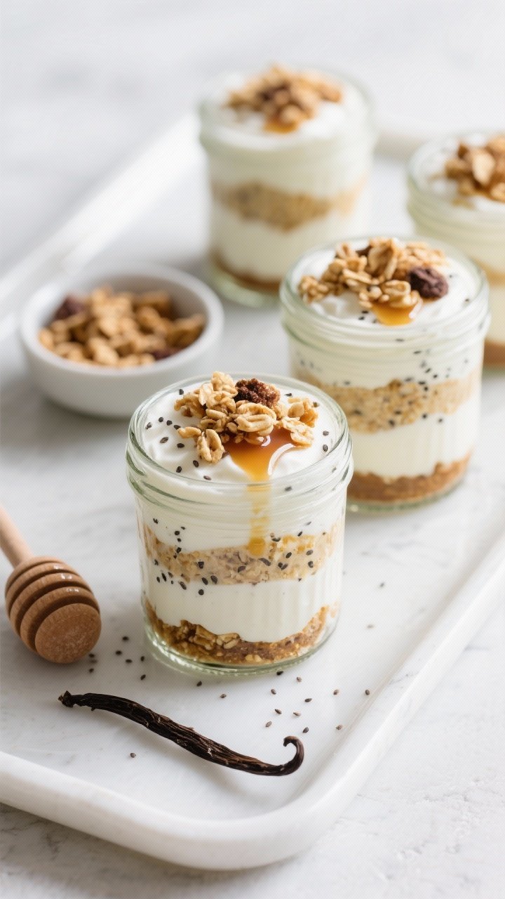 45-degree angle shot of Greek yogurt parfait jars layered like cheesecake: thick 2–5% Greek yogurt whipped with honey and vanilla, chia seeds speckled throughout, topped with high-protein granola and a drizzle of maple; jars arranged on a white tray with a small bowl of granola, a honey dipper, and vanilla beans; cool tones, glossy textures, and tight focus on creamy layers.