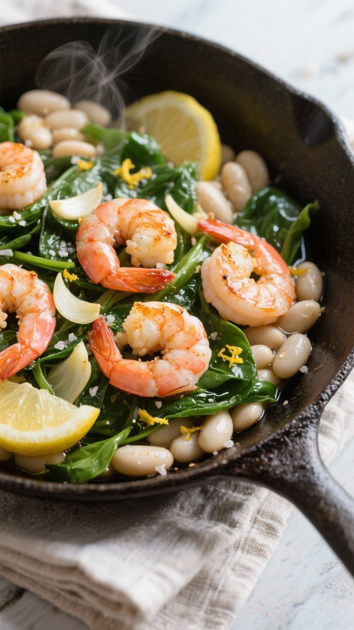 45-degree angle skillet scene of Garlicky Shrimp and White Bean Skillet With Lemon Greens: large pink shrimp seared with thinly sliced garlic, cannellini beans nestled among wilted baby spinach, lemon zest and wedges scattered; a glisten of olive oil and sea salt flakes; steam visible, cast-iron skillet on a linen napkin, bright, fresh, coastal mood, tight focus on shrimp and creamy beans.