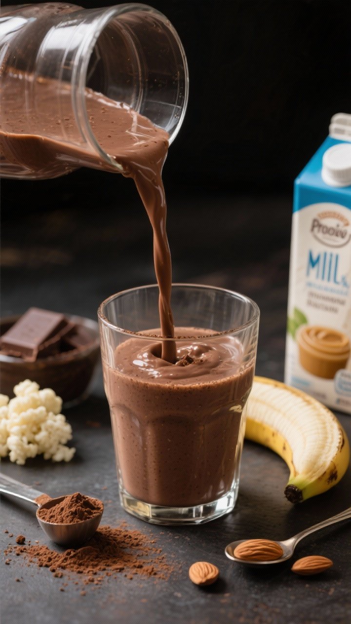 45-degree angle smoothie pour shot: thick chocolate almond protein smoothie flowing into a clear glass, ultra-smooth with cocoa dusting on top; props include chocolate protein powder scoop, cocoa powder, a frozen banana (and optional frozen cauliflower rice), almond butter spoon, and almond milk carton; moody, rich browns with soft highlights.