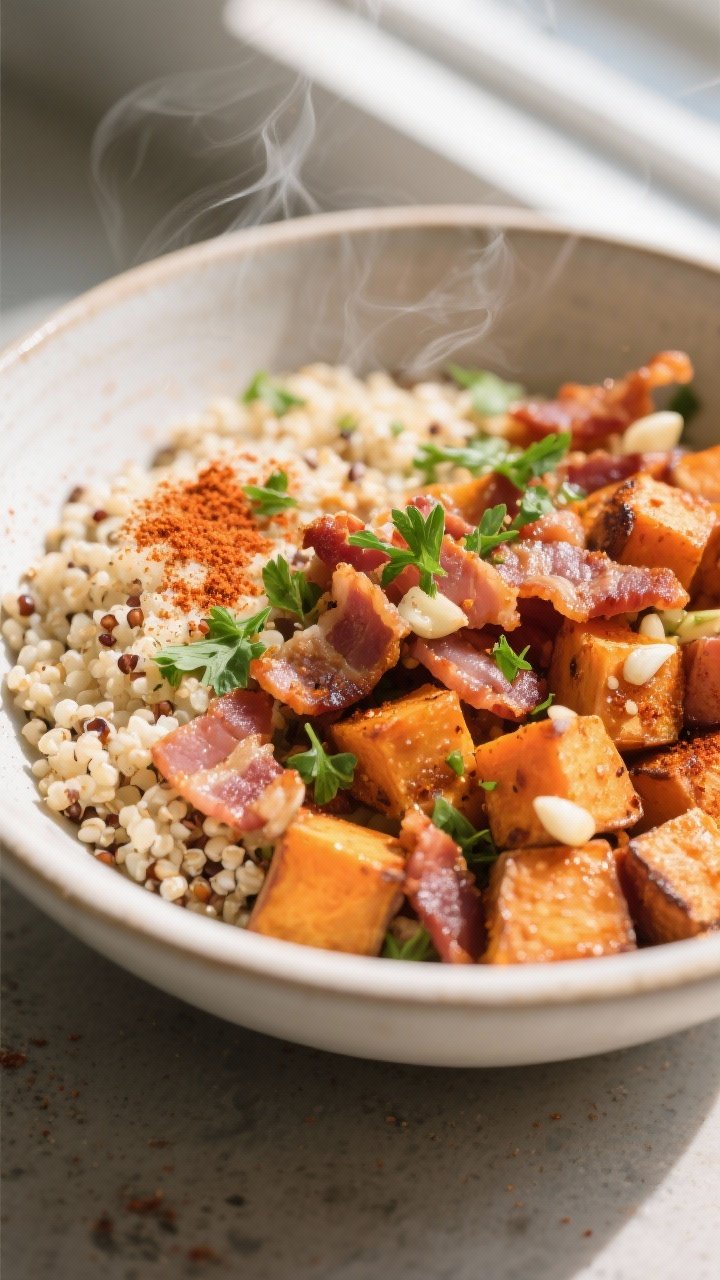 45-degree bowl shot of a sweet-and-smoky turkey bacon breakfast bowl with quinoa: fluffy quinoa base, roasted sweet potato cubes tossed with olive oil, smoked paprika, garlic powder, and salt, crispy turkey bacon pieces scattered on top; a sprinkle of chopped parsley for freshness; warm color palette with paprika dusting on the rim; natural window light highlighting textures and steam.