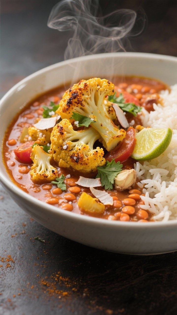 45-degree bowl shot of Red Lentil Coconut Curry with Roasted Cauliflower: golden roasted cauliflower florets dusted with curry powder and salt perched atop a velvety red lentil coconut curry simmered with yellow onion, garlic, and ginger; turmeric and tomato undertones; garnished with cilantro and toasted coconut flakes; served with basmati rice and lime wedges; warm, inviting tones with gentle steam rising.