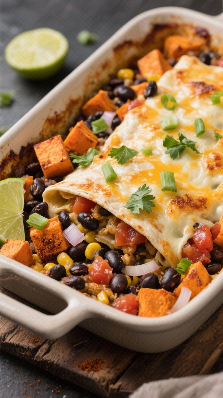 45-degree casserole shot of a black bean and sweet potato burrito bake: roasted orange sweet potato cubes tossed with cumin, chili powder, and smoked paprika, folded with black beans, sautéed onions, and corn, layered with a light tomato salsa and melted cheese blistered on top; garnished with chopped scallions and cilantro; served with lime wedges on a rustic baking dish.