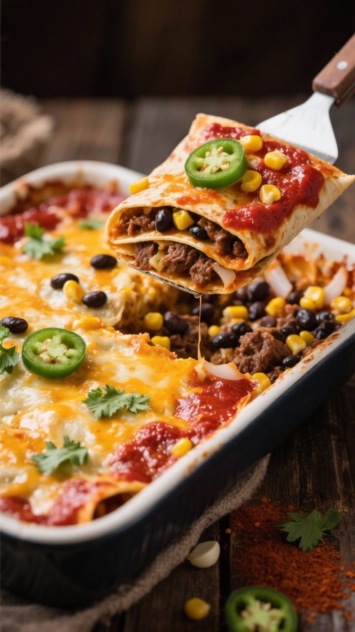 45-degree casserole shot of beef and black bean enchilada bake: bubbling cheese on top, red enchilada sauce peeking through, roasted corn kernels, black beans, sautéed onion and garlic, seasoned with chili powder, cumin, and smoked paprika; sliced jalapeños and cilantro garnish; one square lifted with a spatula showing layered tortillas and saucy interior; warm, homey styling on a rustic table.