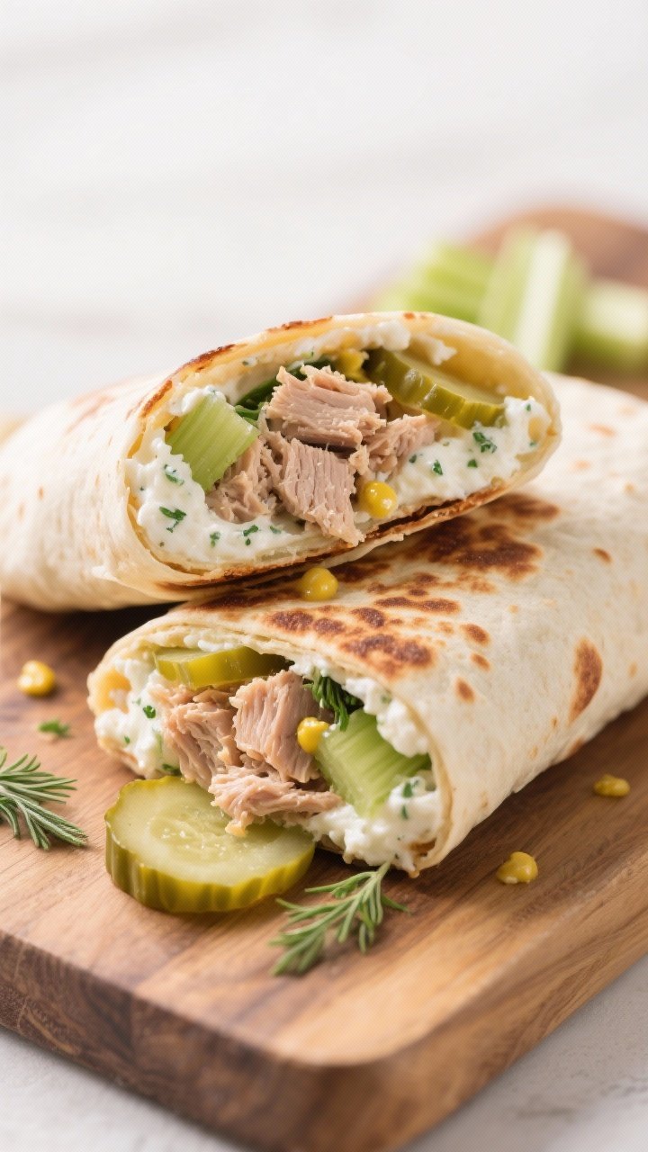 45-degree close-up of a sliced tuna crunch wrap on a wooden board: creamy cottage cheese-tuna filling with flecks of Dijon mustard, celery, dill pickles, and a touch of mayo/Greek yogurt, tightly folded in a toasted tortilla with crisp browned edges; cross-section reveals chunky tuna and crunchy bits, garnished with extra pickle chips and celery leaves; clean, bright lighting for a fresh deli vibe.