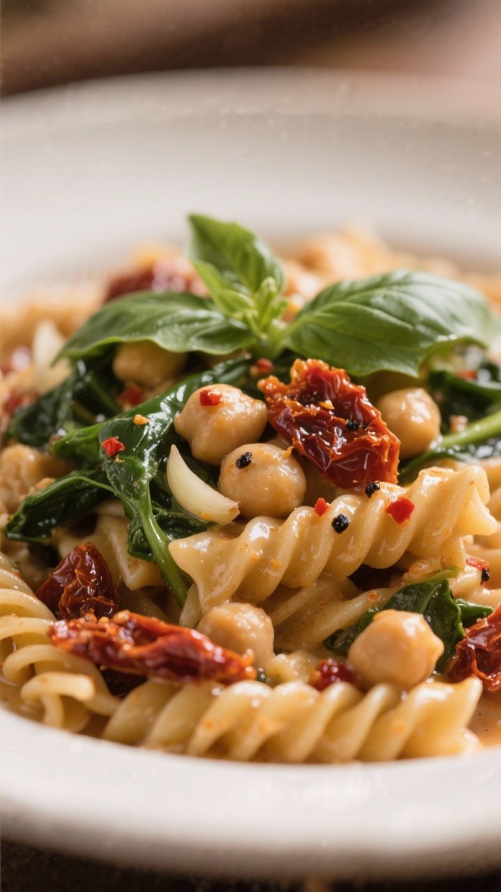 45-degree close-up of Creamy Sun-Dried Tomato Chickpea Pasta: whole wheat or chickpea pasta coated in a silky sauce made with olive oil, thinly sliced garlic, a hint of red pepper flakes, chopped sun-dried tomatoes, and canned chickpeas; wilted spinach ribbons and fresh basil torn on top, glossy sauce clinging to pasta ridges, finished with black pepper and a light olive oil sheen; warm, cozy indoor light.