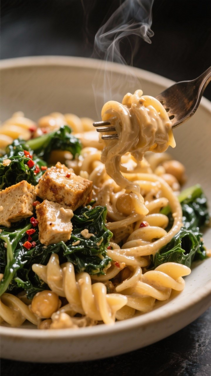 45-degree close-up of Creamy Tahini Tempeh Power Pasta: chickpea pasta spirals coated in a glossy tahini-garlic sauce, crumbled golden-browned tempeh, wilted lacinato kale ribbons, and a hint of red pepper flakes, twirled on a fork over a shallow cream ceramic bowl; steam rising, olive oil sheen, moody side lighting to emphasize creamy texture and hearty noodles.