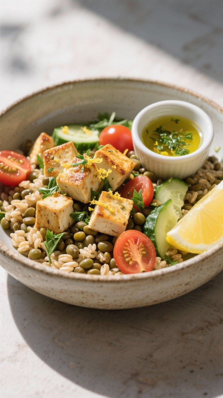 45-degree composed bowl of Mediterranean Lentil Farro Bowls With Lemon-Herb Tofu: chewy farro base with scattered cooked French lentils, golden seared extra-firm tofu cubes tossed in lemon-herb marinade, cherry tomatoes halved, cucumber and herb mix, a drizzle of olive oil and lemon zest; served in a stoneware bowl with a small ramekin of herby vinaigrette, natural daylight for fresh Mediterranean feel.
