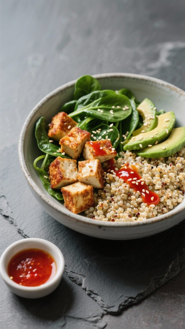 45-degree composed bowl of savory quinoa breakfast bowl: fluffy quinoa cooked in low-sodium broth topped with crispy tofu cubes (light cornstarch crust) seared in avocado oil, sautéed baby spinach, thin avocado slices, and a drizzle of sriracha honey; sesame seeds sprinkled; a small side dish with extra sauce; modern ceramic bowl on a slate surface, high-contrast, vibrant greens and reds.