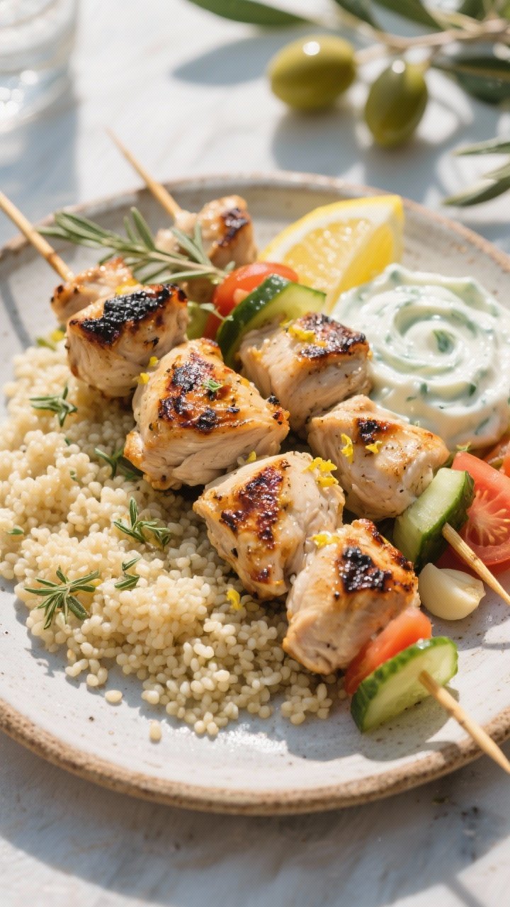 45-degree grill-to-plate scene of Greek yogurt marinated chicken souvlaki with tzatziki and couscous: skewers of juicy chicken thighs marinated in plain Greek yogurt, olive oil, minced garlic, dried oregano, lemon zest and juice, kosher salt—charred edges and glistening surface; served with fluffy couscous, a swirl of tzatziki, cucumber and tomato accents, and lemon wedges; rustic ceramic plate with olive branches in the background, bright Mediterranean light.