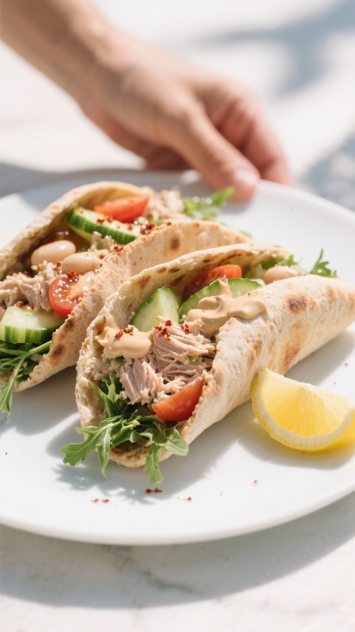 45-degree handheld-style plated scene of Lemon-Tahini Tuna and White Bean Pita Pockets: whole wheat pitas stuffed with a creamy mix of tuna, cannellini beans, tahini, fresh lemon juice, and olive oil; tucked with crunchy cucumber, cherry tomato halves, and arugula for freshness; drizzle of extra tahini and sprinkle of sumac on top, lemon wedge on the side; bright Mediterranean daylight, clean white plate, inviting and portable lunch feel.