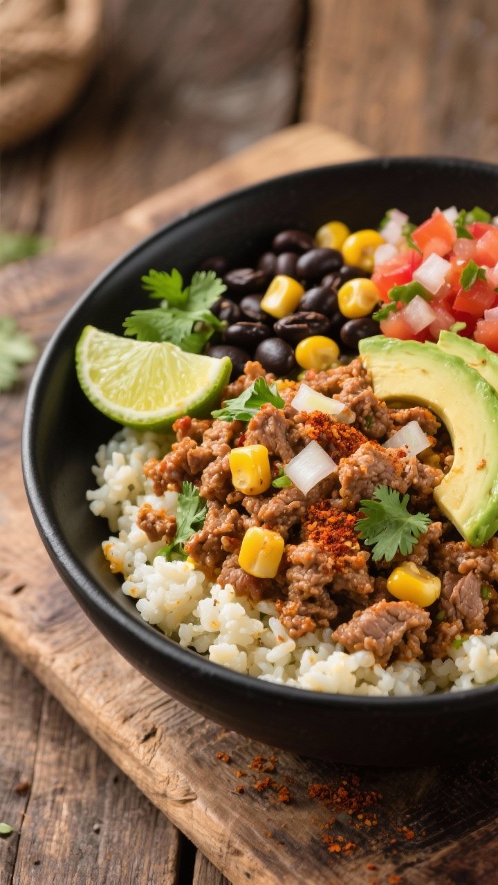 45-degree plated bowl shot: smoky turkey taco bowl with lean ground turkey sautéed with diced yellow onion, minced garlic, chili powder, ground cumin, smoked paprika, and a pinch of oregano; served over cilantro-lime cauliflower rice; topped with black beans, corn, pico de gallo, sliced avocado, lime wedges, and fresh cilantro; vibrant Southwestern colors, matte black bowl on rustic wood.