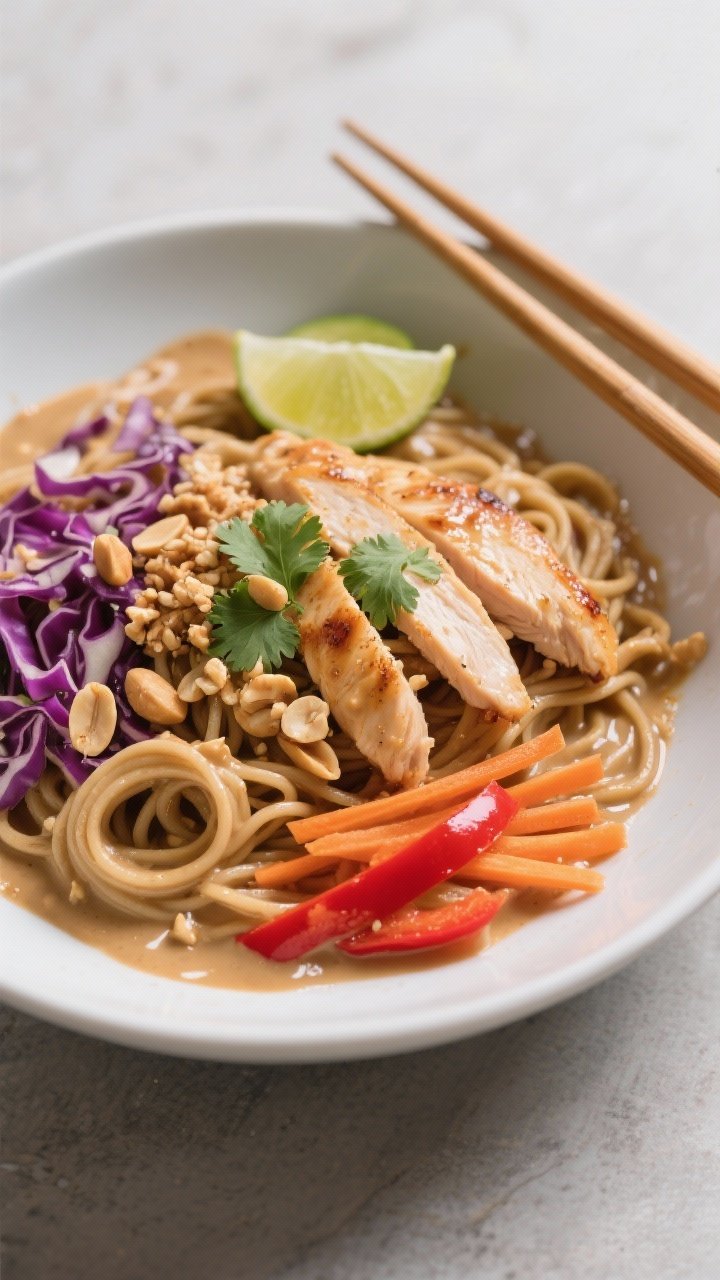 45-degree plated noodle bowl of creamy peanut chicken: whole wheat noodles tossed in a silky peanut sauce, topped with seared chicken breast strips, shredded purple cabbage, julienned carrot, and thin red bell pepper; garnished with crushed peanuts, lime wedge, and cilantro; chopsticks resting on the bowl rim, glossy sauce clinging to noodles.