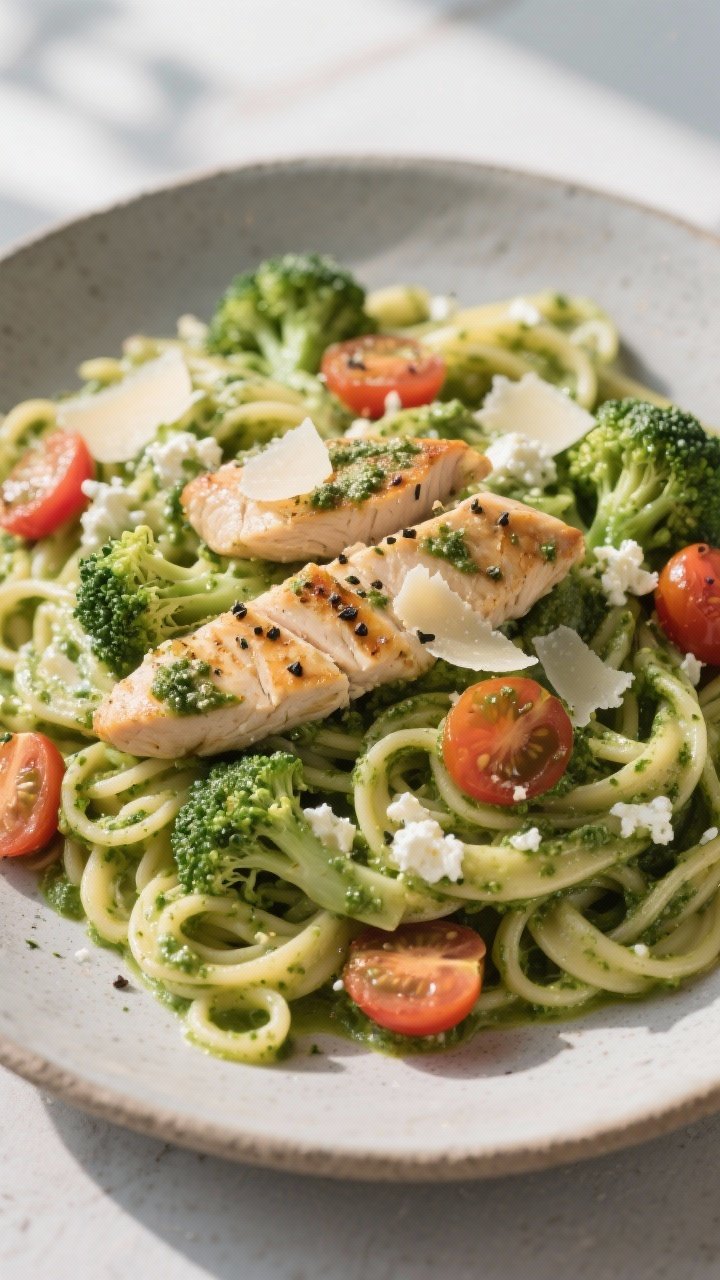 45-degree plated pasta: whole wheat/high-protein pasta swirled with creamy cottage cheese pesto (basil, garlic, Parmesan, olive oil), topped with juicy seared chicken pieces seasoned with Italian seasoning, salt, and pepper. Roasted vegetables (broccoli florets and cherry tomatoes) tucked throughout, finished with extra Parmesan shavings and cracked black pepper. Bright green pesto gloss, Mediterranean comfort, matte stoneware plate, natural window light.