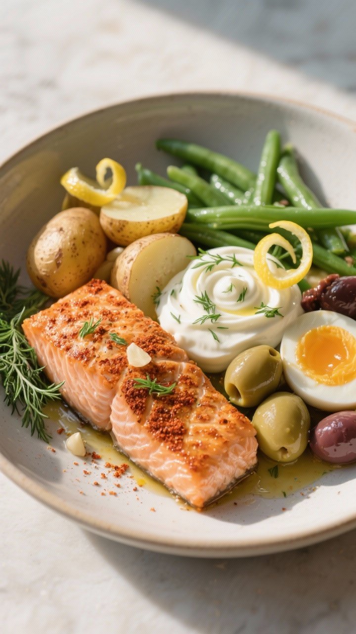 45-degree plated presentation of a Smoky Salmon Niçoise: seared salmon fillets dusted with smoked paprika, garlic powder, salt, and pepper, flaking gently next to halved baby potatoes, blanched green beans, briny olives, and jammy eggs, finished with a dollop and swirls of lemon-dill yogurt. Serve in a shallow wide bowl, with lemon zest curls and fresh dill fronds. Natural daylight, minimal props, French bistro vibe.