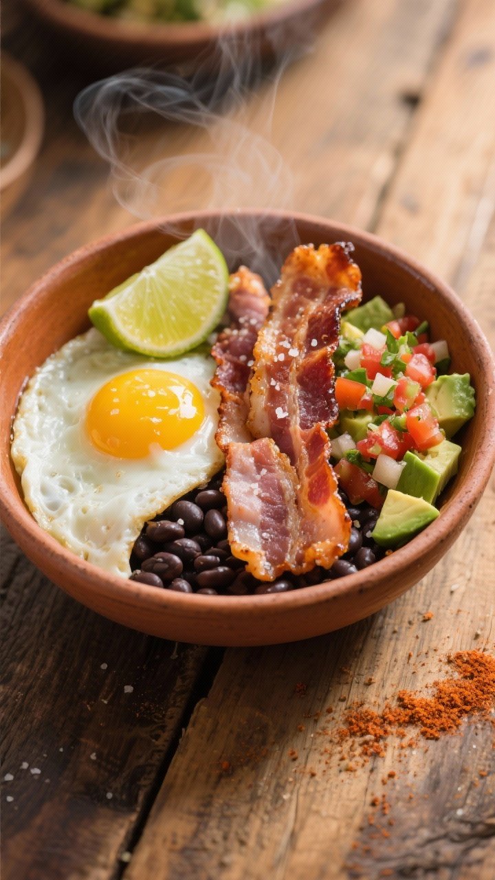 45-degree plated presentation of a smoky turkey bacon egg bowl: crispy turkey bacon strips fanned beside sunny-side eggs plus fluffy egg whites, a scoop of rinsed black beans, diced avocado tossed with pico de gallo forming a chunky salsa, and a pinch of smoked paprika; served in a warm ceramic bowl with lime wedge and sprinkle of sea salt, steam visible, rustic wooden table, bright, savory colors and glossy yolks emphasized.